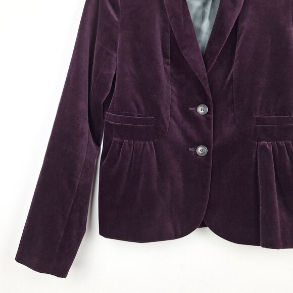 J Crew Velvet Ruched Peplum Back Button Front Blazer, Size 8. Eden Purple Jacket - Picture 4 of 13